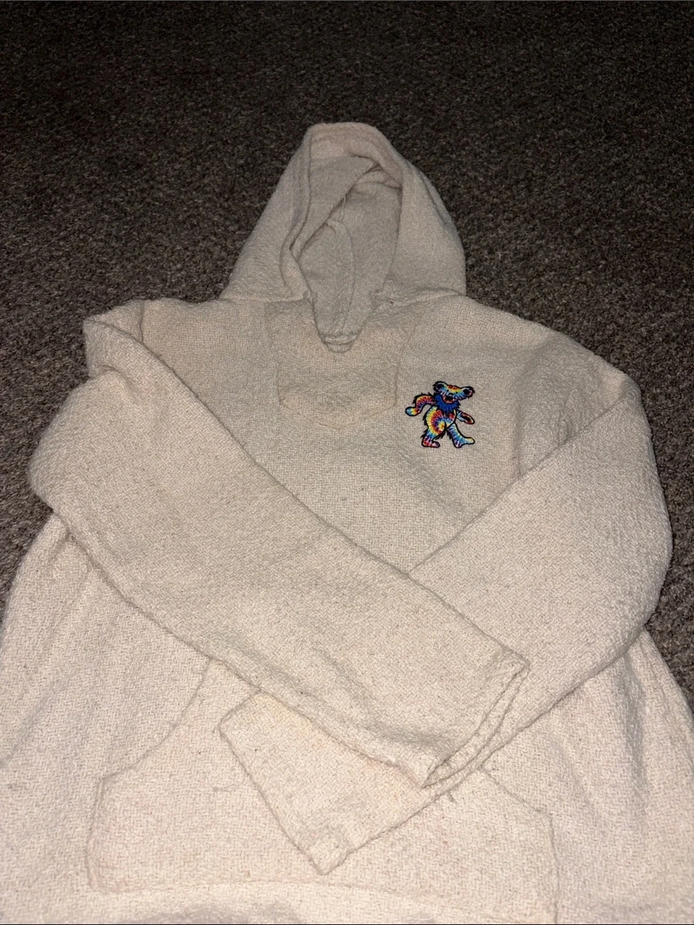 Greatful Dead Cozy Cream Hooded Sweater with Multicolor Bear Embroidery